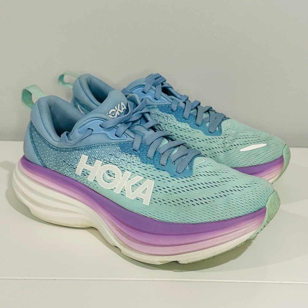 Hoka Bondi 8 Blue and Purple Athletic Shoes with Cushioned Midsole